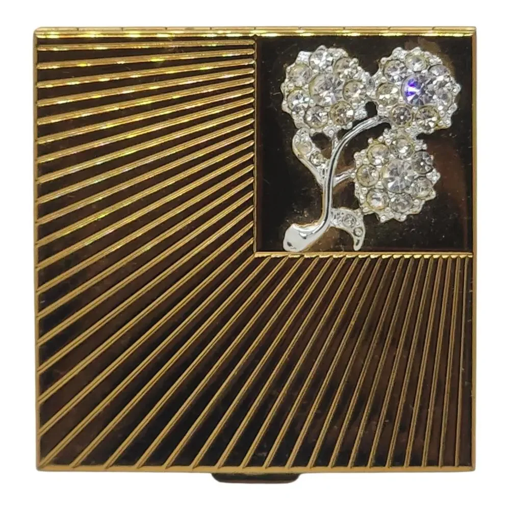 Vintage Volupte Rhinestone Flower Powder Compact Gold Tone Sunburst Mirror